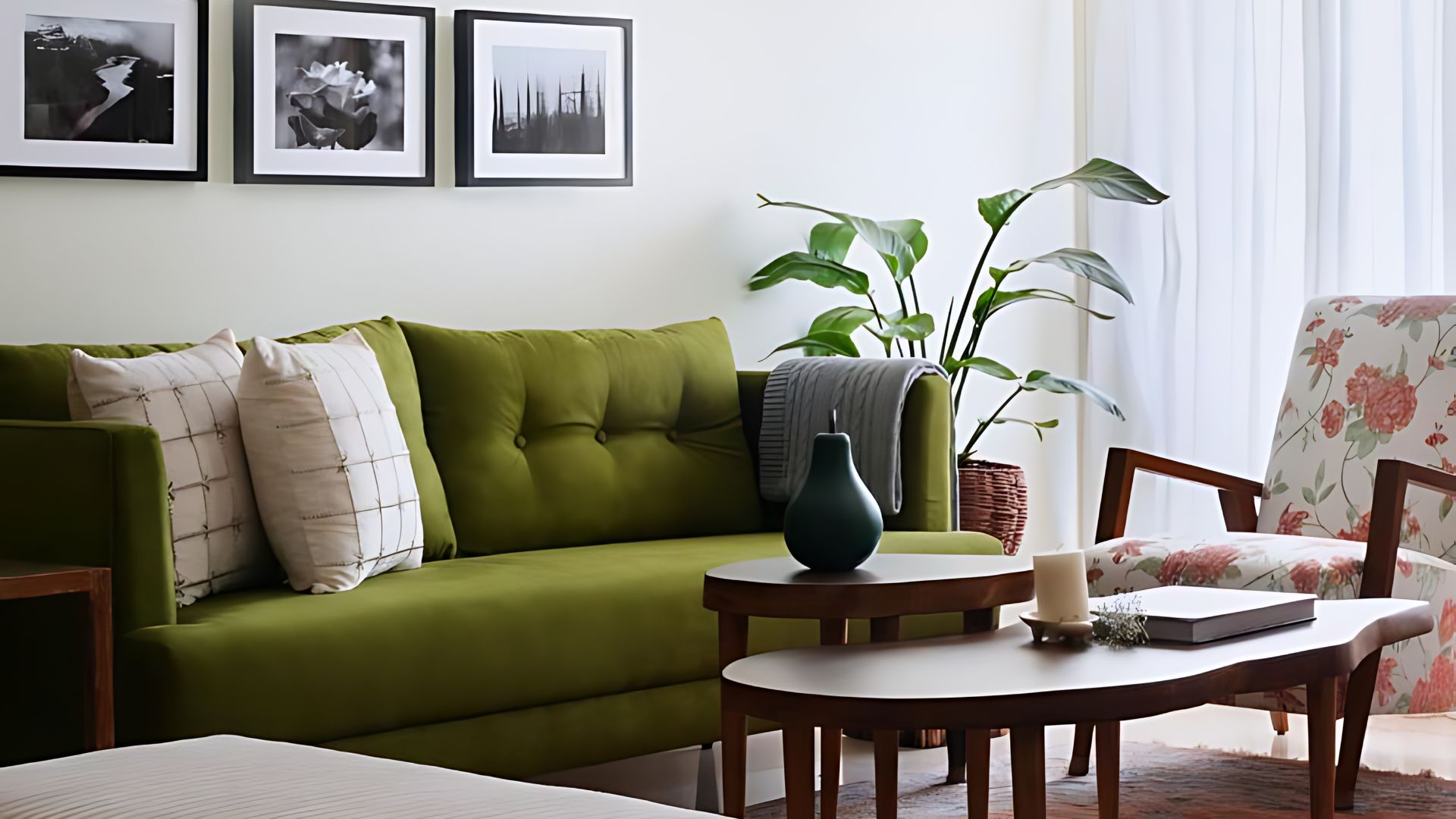 Custom Wooden Furniture: A Guide to Personalizing Your Space 1 Custom wooden furniture including sofa table, chair, centre table, and stool in a modern living room.