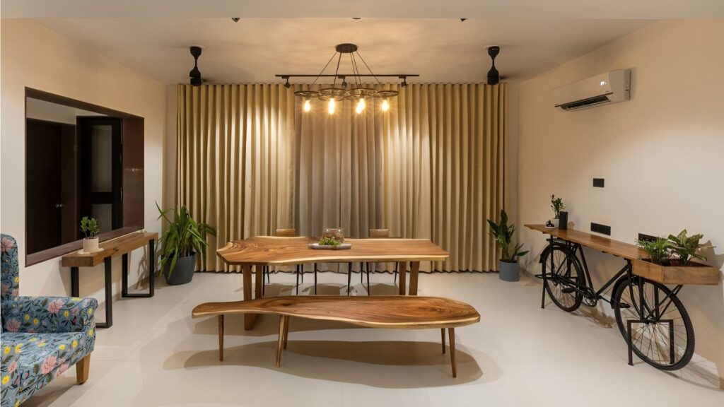 Handcrafted wooden centre table decorated with natural elements in a modern living room