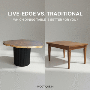 Live Edge Dining Table vs Traditional Dining Table comparison showing modern and classic designs