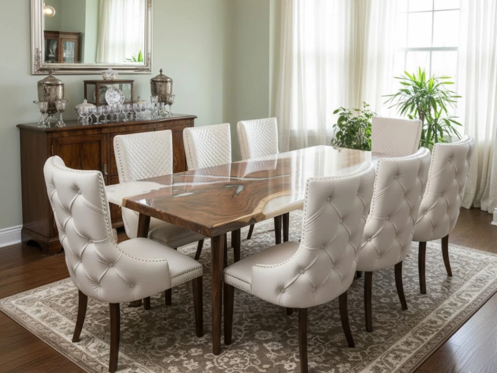 Mother of Pearl Epoxy Resin Dining Table Live Edge