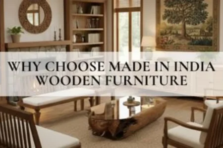 warm modern living room with handcrafted Made in India wooden furniture