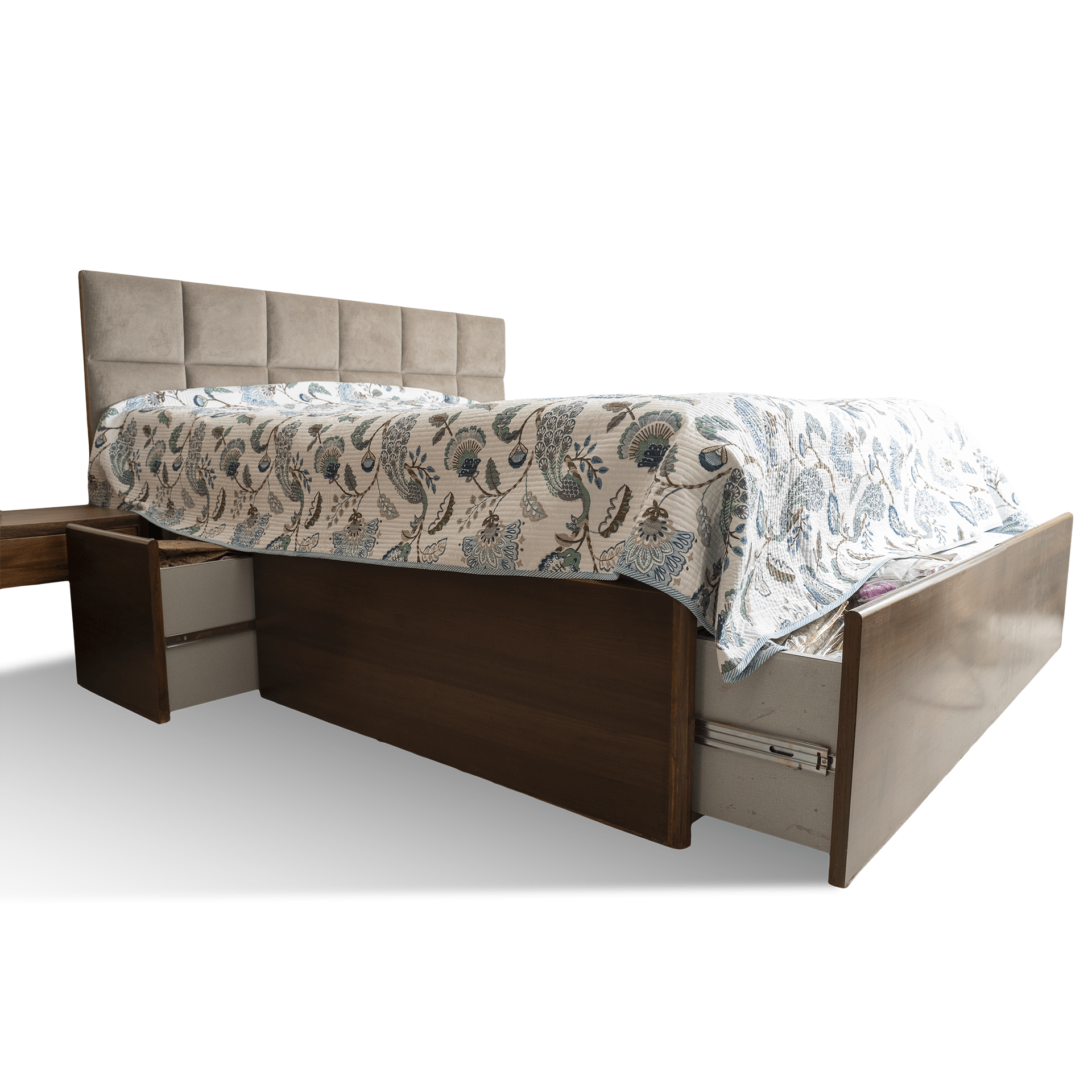 Solid Wood Checkered Upholstered Bed with Storage - Image 3