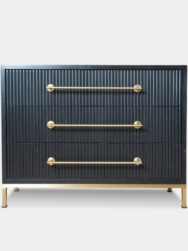 Solid Wooden Black Fluted Cabinet – Storage with Brass Finish