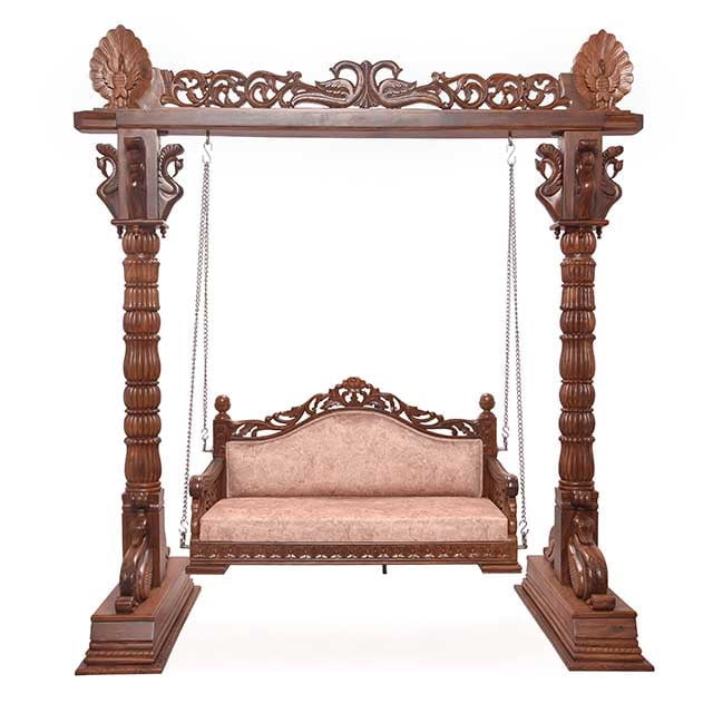 Ethnic Carved Wooden Swing Jhula with Peacock Design