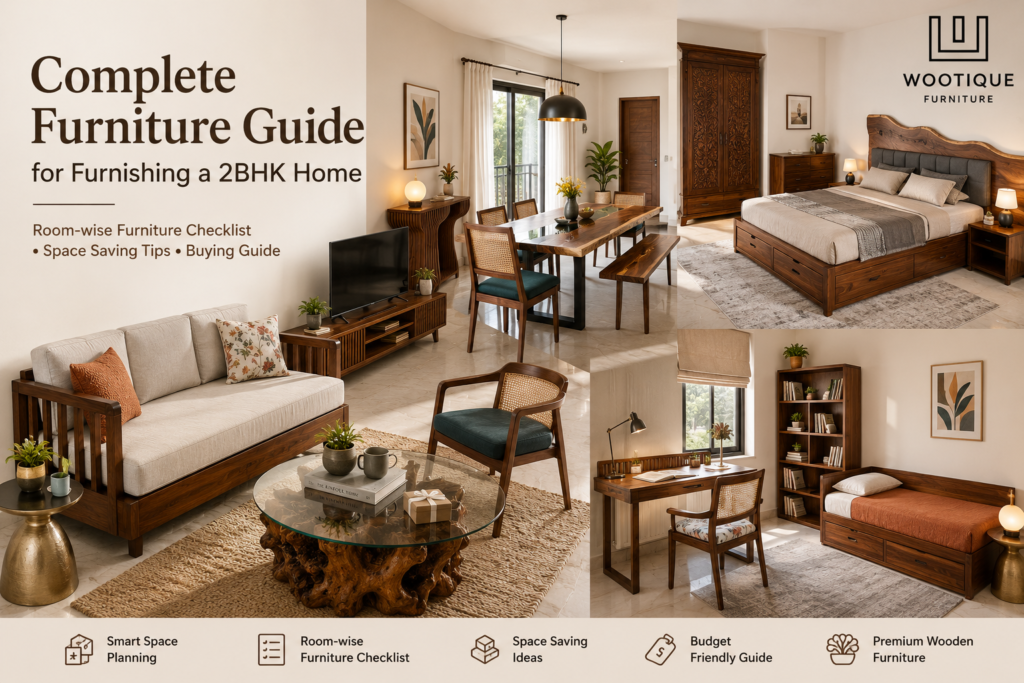 Furniture for a 2BHK Home with wooden sofa, dining table, storage bed, wardrobe and coffee table by Wootique