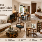 Furniture for a 2BHK Home with wooden sofa, dining table, storage bed, wardrobe and coffee table by Wootique