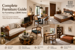 Furniture for a 2BHK Home with wooden sofa, dining table, storage bed, wardrobe and coffee table by Wootique