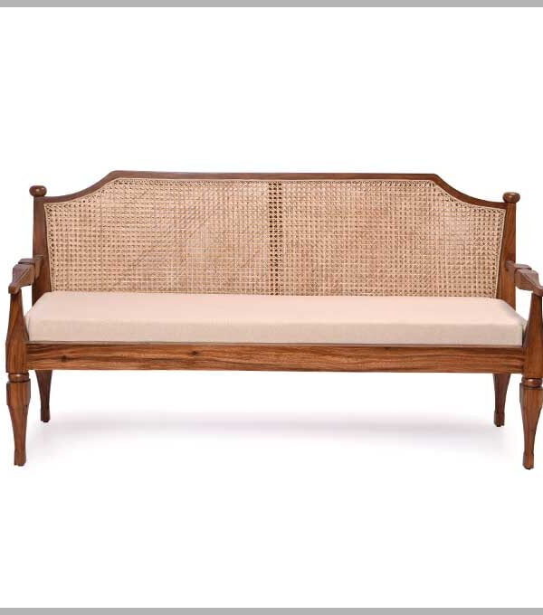 Solid Wooden Upholstered Bench with Cane Backrest