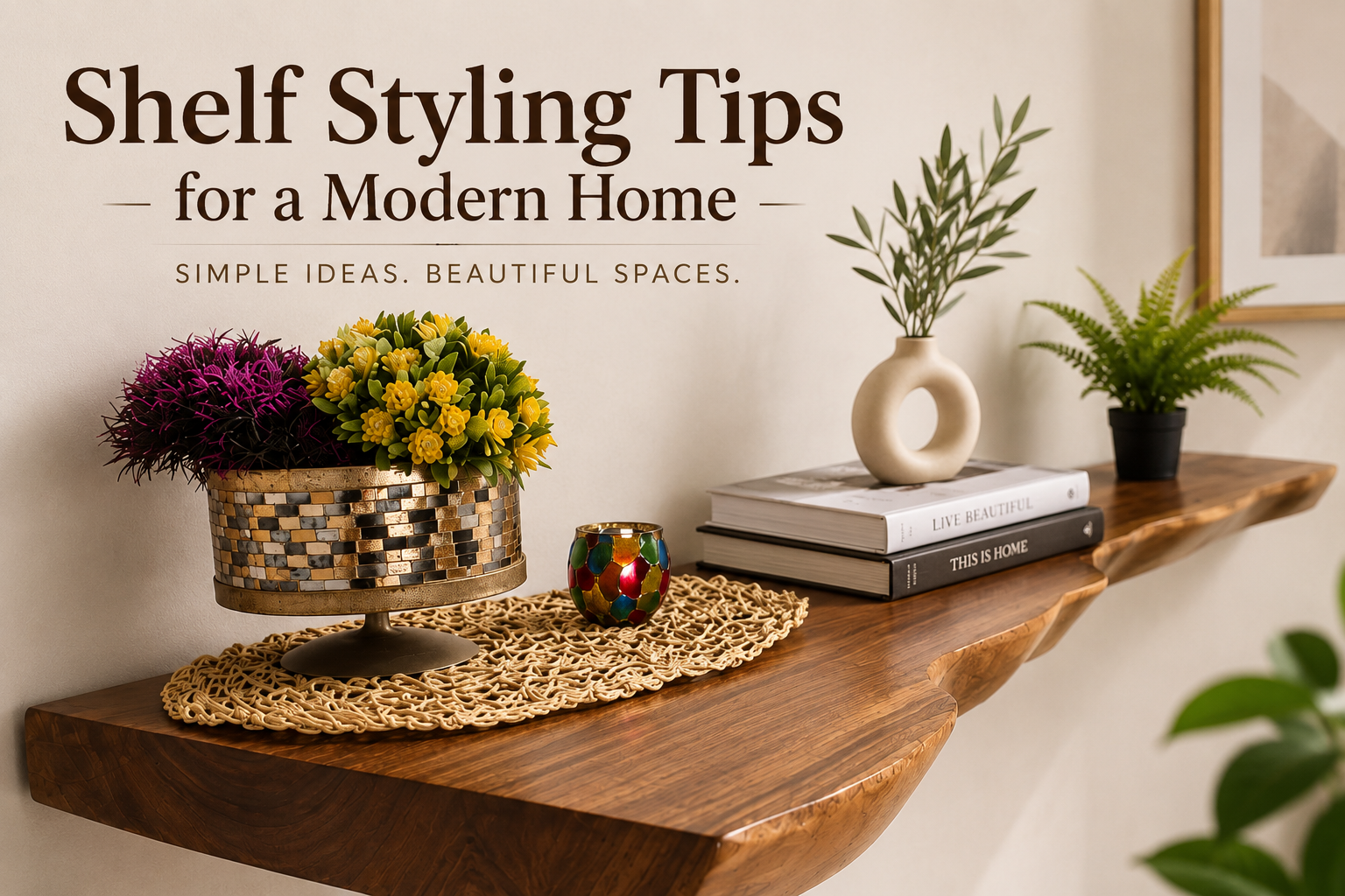 Shelf Styling Tips for a Modern Home using handcrafted solid wood shelves by Wootique