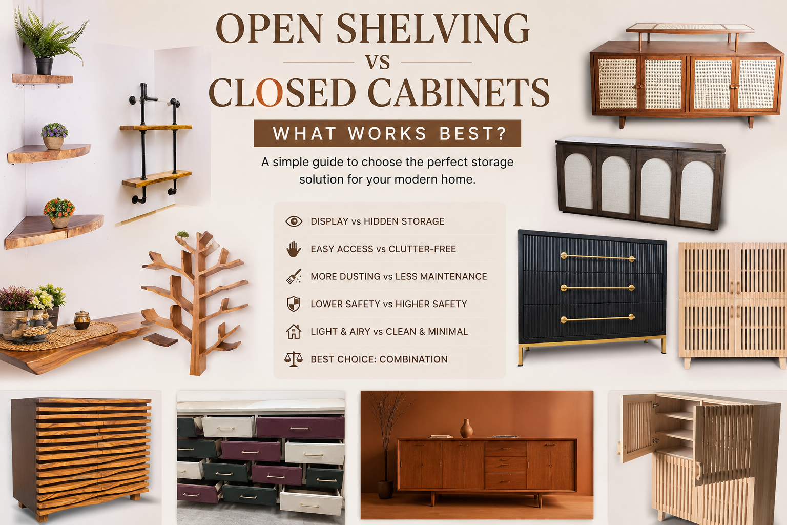 Open Shelving vs Closed Cabinets: What Works Best? 1 Open Shelving vs Closed Cabinets with handcrafted solid wood furniture by Wootique